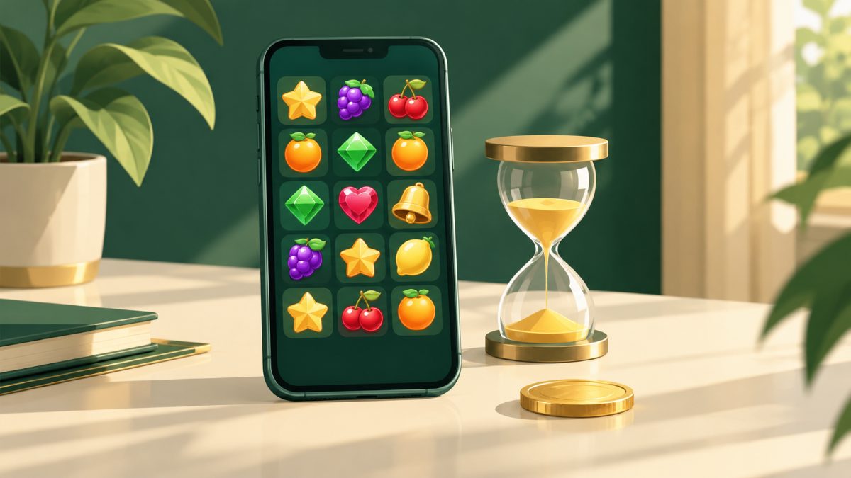 Smartphone mit Spielfeldern, daneben Sanduhr, Münze und ein Regler für den Einsatz