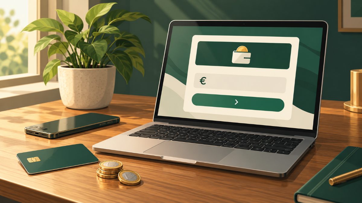 Laptop mit geГ¶ffneter Kasse, Bankkarte und EuromГјnzen auf dem Schreibtisch