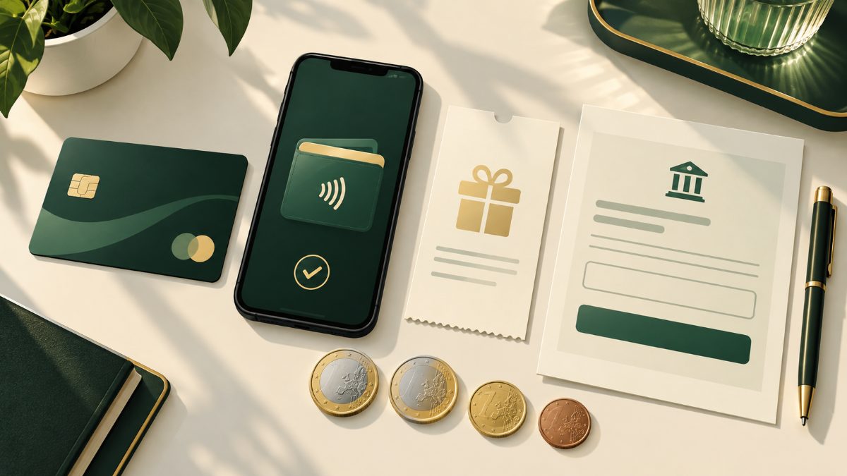 Bankkarte, Smartphone mit Wallet, Gutscheinbeleg und Гњberweisungsformular nebeneinander