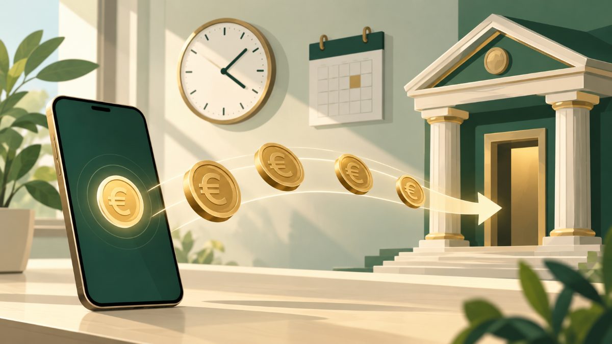 MГјnzen wandern vom Smartphone zur Bank, daneben Uhr und Kalender